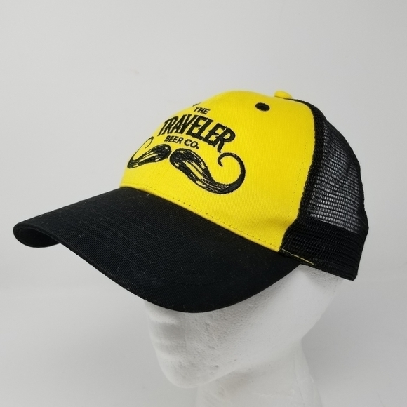 The Traveler Beer Co Trucker Mesh Snap Back Baseball Hat Mustache Black Yellow - Picture 6 of 10